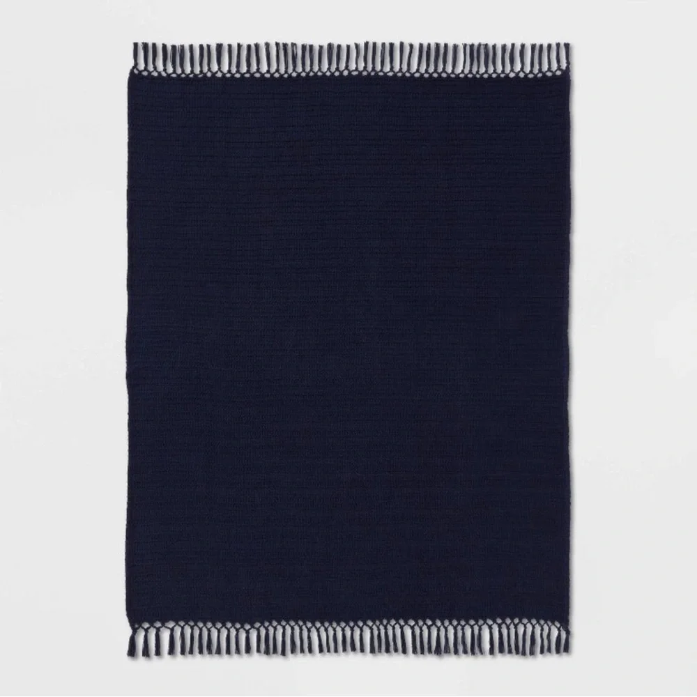 Threshold Cotton Throw Blanket Fringed Edges Navy Blue